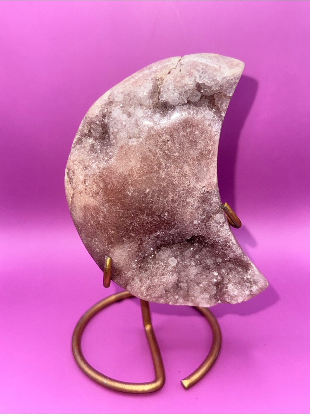 Pink Amethyst Druzy Crescent Moon Crystal on Gold Stand 5.3”